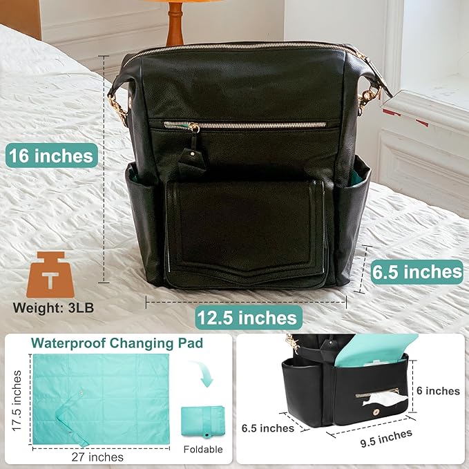 MOMINSIDE Diaper Bag Backpack, Convertible Hobo, Large Baby Bag with 14 Pockets, 6 Bottle Pouches, Wipes Pouch, Insulated Pockets (Black)