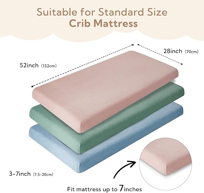 SOULFUL Muslin Crib Sheets for Boys Girls, 3 Pack Soft and Breathable Cotton Fitted Crib Sheets for Standard Crib Mattress (28"x 52", Blue & Dusty Rose & Green)