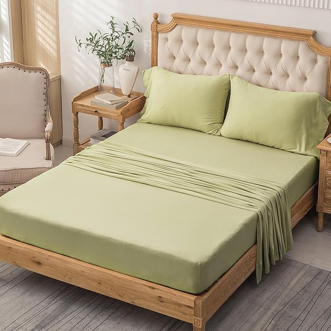 PURE ERA Jersey Knit 4pc Bed Sheet Set 100% T-Shirt Cotton Super Soft Comfy Breathable Fits Mattress Up to 20" Extra Deep Pocket (Solid Mocha Green, King)