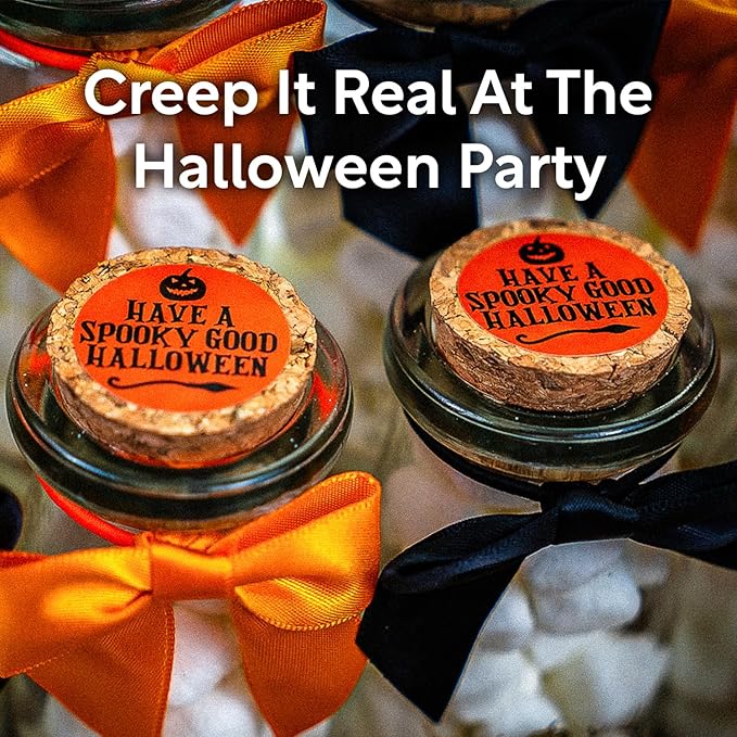 Ethisa Vintage 12 Pack Halloween Glass Jars with Ribbons and Stickers - Candy Party Favors for Trick or Treat - Halloween Party Favors and Table Centerpieces Decorations - Halloween Theme Potion Jars