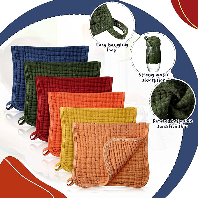 Irenare 6 Pack Muslin Burp Cloths Cotton Baby Burping Rags Large 20 x 10 Inch 6 Layers Spit up Rags Soft Absorbent Multicolor Wash Cloths Diapers for Newborn Baby Girl Boy (Multicolored)