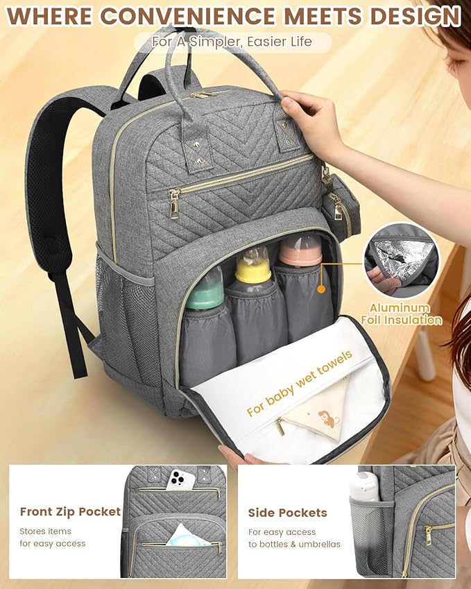 Diaper Bag Backpack,Baby Essentials Diapers Bag with Pacifier Case,Multipurpose Stylish Large Capacity Travel Backpack for Baby Girl/Boy(M-Gray)