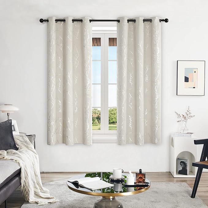 Deconovo Short Curtains, Room Darkening Curtain Beige, Thermal Insulated Soundproof Drapes, Silver Branch Print, 42 x 45 Inch, Machine Washable Window Panels for Living Room Office Kitchen, Set of 2