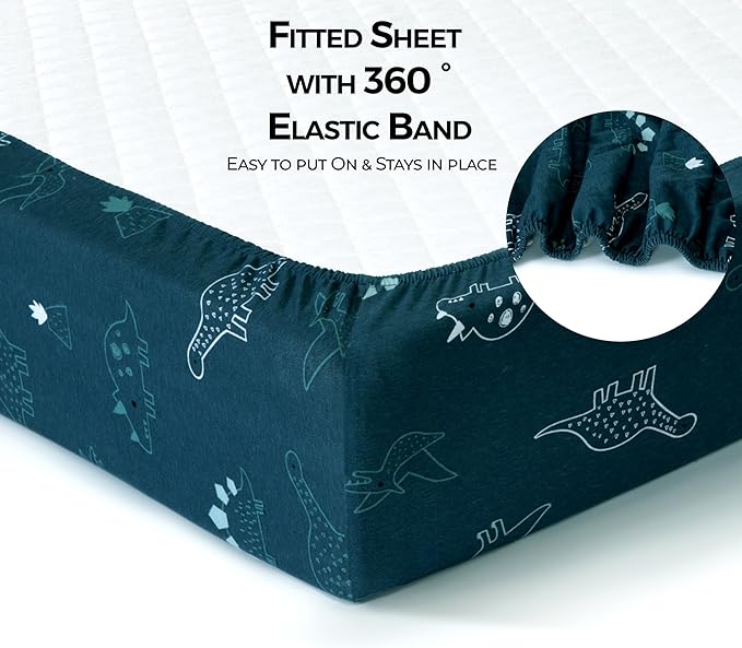 Dreamology Mini Crib Sheets, Pack and Play Sheets Fitted, 100% Cotton Mini Crib Sheets Fitted, Boy, Girl, Pack n Play Sheet, Crib Mattress Sheets, 24x38 Crib Sheets | Dino, Denim Blue