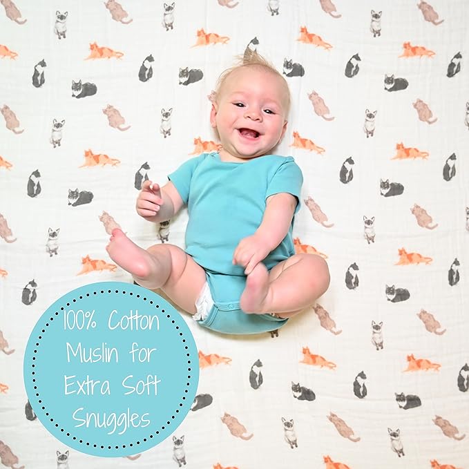 LollyBanks Muslin Swaddle Blankets 2PACK, 100% Cotton Baby Blanket 47 x 47 Inches, Large Baby Swaddle Breathable, Muslin Blankets for Boys and Girls (Cat and Dog Print)
