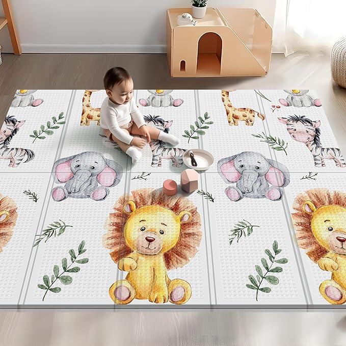 71x59 Foldable Foam Baby Play Mat for Floor, Babies Activity Tummy Time Playmat, Kids Non Toxic Foam Thick Play Mat for Baby, Toddlers, Waterproof & Anti-Slip Crawling Mats, Lion,71x59x0.4