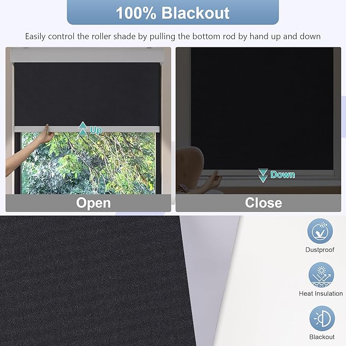 Allesin 100% Blackout Cordless Roller Shades for Windows, Free-Stop Shades, Thermal Insulated, UV Protection, Waterproof Fabric, Easy to Install for Home, Office, Bathroom (Black 39 x 72)
