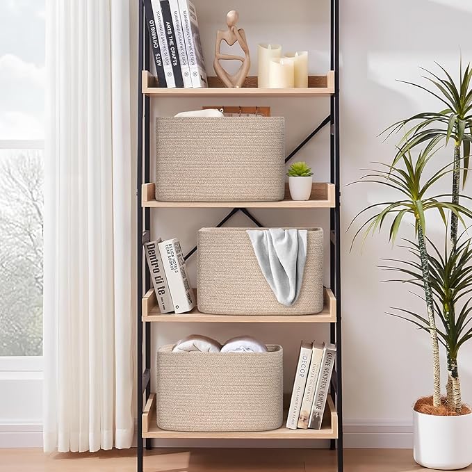 Woven Storage Baskets, Brown Baskets for Organizing, 3 Pack Woven Basket for Storage, Storage Baskets for Shelf, Towel, Toy, Book, Closet, Baby 15"×10"×9"