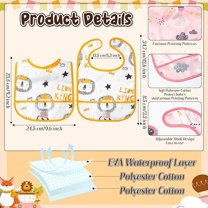 2ooya 6Pcs Waterproof Toddler Bibs Baby Feeding Bib Set with Crumb Catcher Pocket, Adjustable Infant Baby Teething Bib, Babies Sleeveless Animals Food Bibs Keepsake Gift for Baby Shower, 6-24 Months