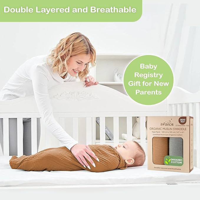 100% Organic Cotton Muslin Baby Blanket - 47 x 47 Inch Breathable Baby Blankets for Girls, Hypoallergenic Double-Layer, Soft and Cozy Newborn Baby Blanket for Sleeping & Everyday (Gold/Sage)