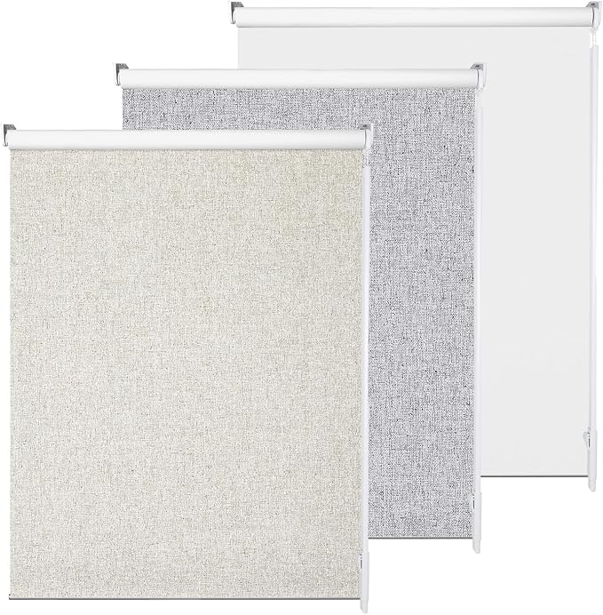 Allbright Linen Roller Shades with Wand Rod, Cordless Fabric Roller Blinds with Thermal Insulated, 100% Blackout Window Shades for Home, Office, Bedroom, Beige, 52" W x 72" H