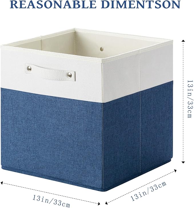 13 x 13 Inch Fine Linen Storage Bins with Handles，Fabric Cube Boxs，Basket Organizers for Shelves for Home, Closet Drawers (White/Blue-4 Pack)