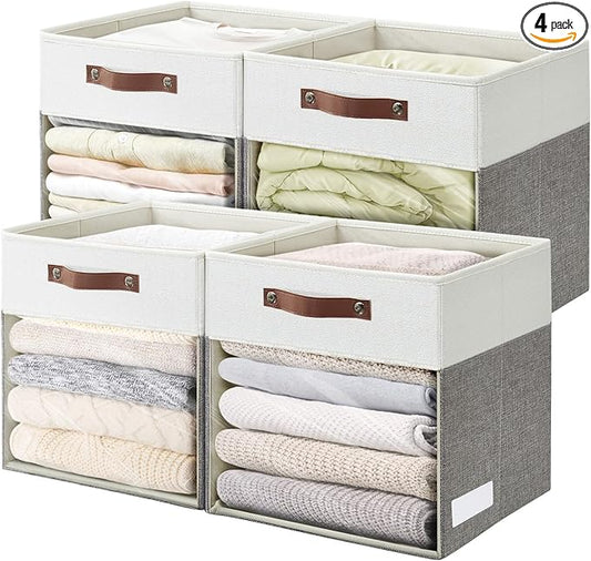 Storage Cubes, 4 Pack Linen Foldable Storage Bins with Clear Window and 2 Handles, 13x15x13 Storage Cube Bins for Shelf Closet, Kallax, Clothes, Books - (Gray and White)