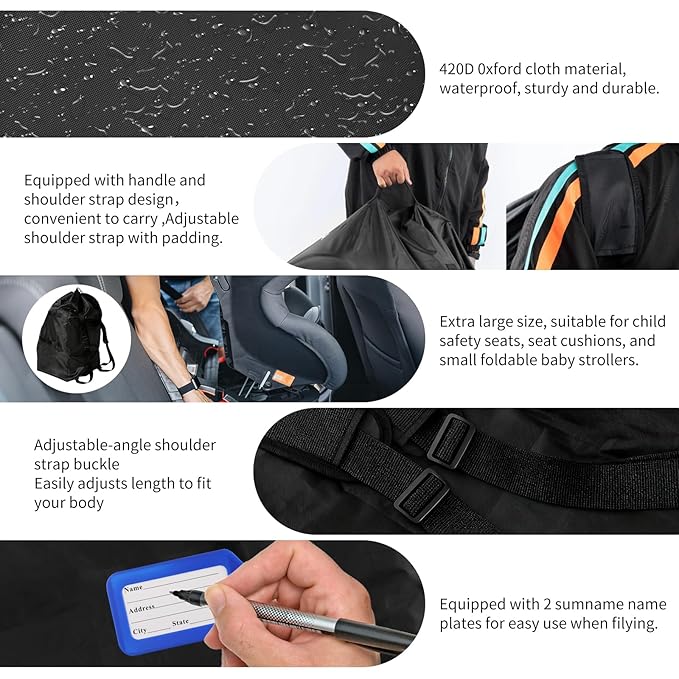 Car Seat Bag for Airplane Travel,Durable Padded Cover with Black Shoulder Straps, Fits All Car Seats, Includes 2 Luggage Tags, Waterproof Travel Bag for Air Travel