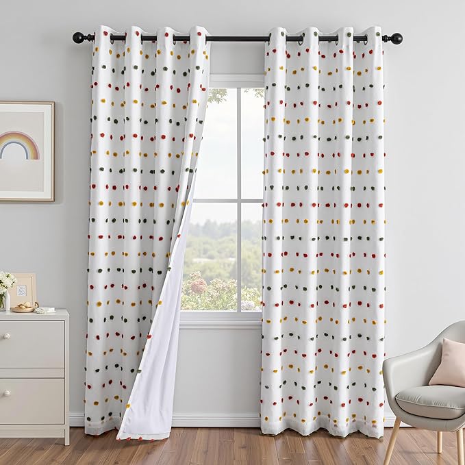 MEETSKY 100% Blackout Curtains for Girls/Kids/Nursery Bedroom 84 Inch Long Rainbow Green Red Yellow Curtains 2 Panels Room Darkening Grommet Window Drapes with Pom Pom Sheer 52W x 84L