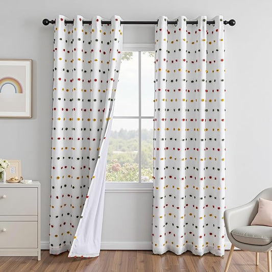 MEETSKY 100% Blackout Curtains for Girls/Kids/Nursery Bedroom 84 Inch Long Rainbow Green Red Yellow Curtains 2 Panels Room Darkening Grommet Window Drapes with Pom Pom Sheer 52W x 84L