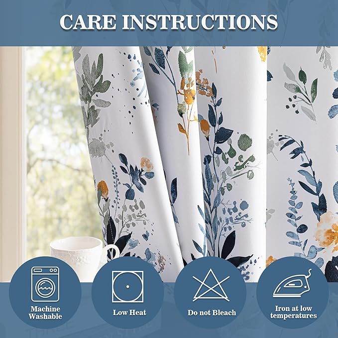 MYSKY HOME 95% Blackout Floral Curtains 63 inch Long 2 Panels for Bedroom Living Room Flower Patterned Room Darkening Thermal Insulated Soundproof Grommet Window Treatments, 52" Wide, Yellow and Blue