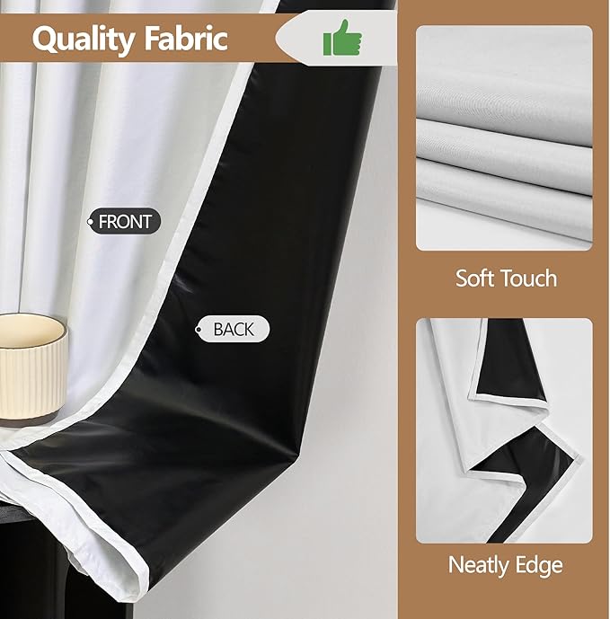 YC WINRRARII 100% Blackout Curtain Liners Additional Parts for Blackout with 18 Rings White/Black 2 Panels Set Easy Install for Bedroom Livingroom Total Thermal Curtains for Insulated 50" W x 92" L