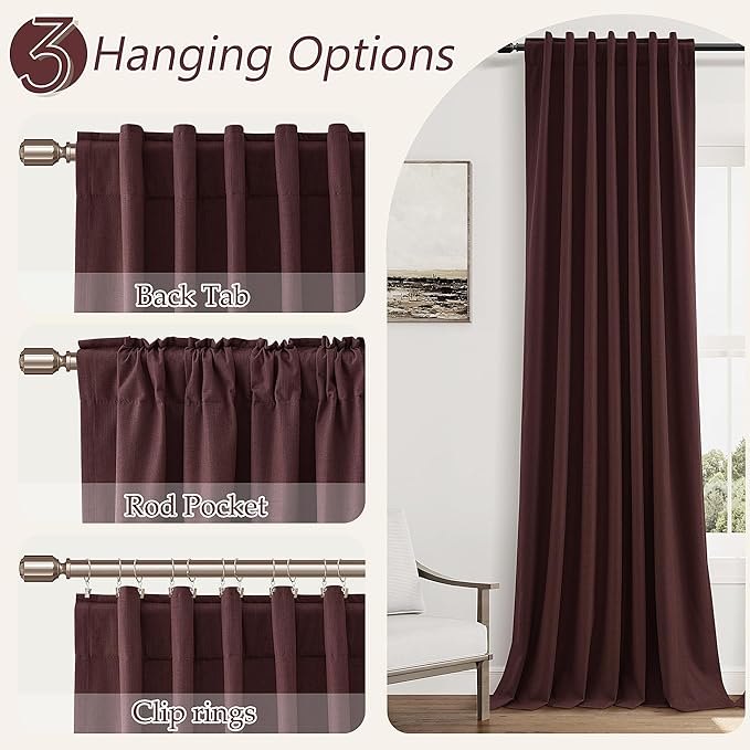 Guken 100% Blackout Curtains 120 Inch Length 2 Panels Set for Living Room Bedroom Back Tab Thermal Insulated Black Out Linen Drapes Room Darkening Reddish Brown,52x120