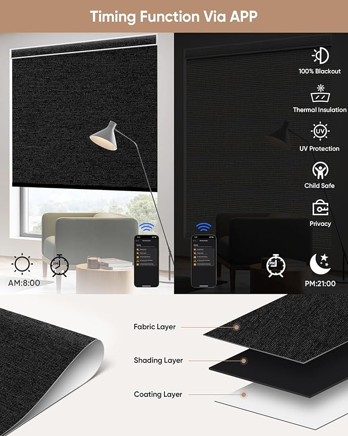 Kincmo Motorized Blinds with Remote,100% Blackout Motorized Roller Shades Work with Apple Homekit,Alexa,Google, Custom Electric Blinds with App,Voice Control (Atlantic Black)