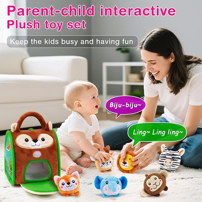 Montessori Sensory Toys for Babies 6-12 Months & Toddlers 1-3 Year Old - Educational Stuffed Animal Set with Rattle, Crinkle & Safe Mirror for Baby Kids & Boy Girl Birthday Gifts