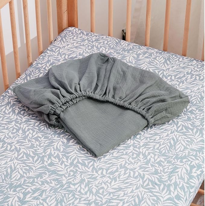 Muslin Crib Sheets–100% Organic Cotton Baby Sheets for Boys & Girls,2 Pack Muslin Mini Crib Sheets for Toddler Mattress,Breathable Crib Mattress Sheets 28''x52''(Leaf)