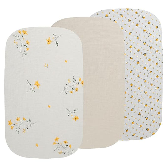 Onacosht Muslin Bassinet Sheets 3 Pack, 100% Cotton Baby Fitted Sheet 33" X 17" for Standard Rectangle Round Oval and Hourglass Bassinet Mattress, Leaf and Floral Beige
