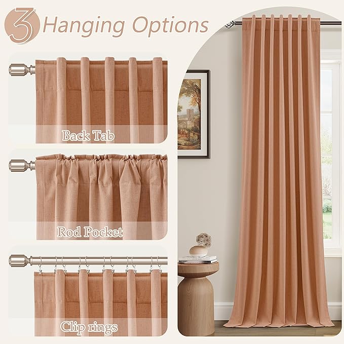 Guken 100% Blackout Curtains 102 Inch Length 2 Panels Set for Living Room Bedroom Back Tab Thermal Insulated Black Out Linen Drapes Room Darkening Peach Quartz,52x102