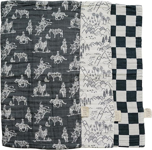 Mebie Baby Burp Cloths, Western, Muslin Burp Cloth Set for Spit Up, Drool, and More, Boho Burp Cloths for Baby Boy and Girl, Baby Must Haves for Registry Lists and Gifts for Newborns
