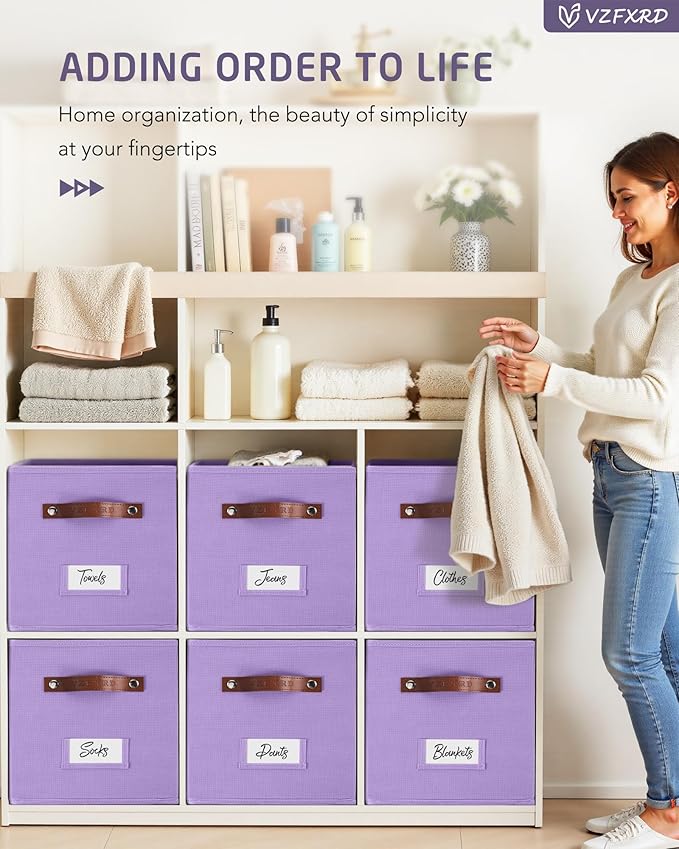 10.5 Inch Storage Cubes with Labels, 6-Pack Non-Woven Fabric Bins with Handles, Foldable Organizer for Closet, Shelf, Bedroom, Nursery & Home Organization (Purple)