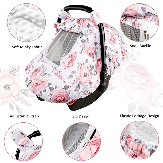 Car Seat Covers for Babies, Winter Carseat Cover Girls, Mink Infant Car Seat Canopy, Cozy & Warm Cover, Pink Floral