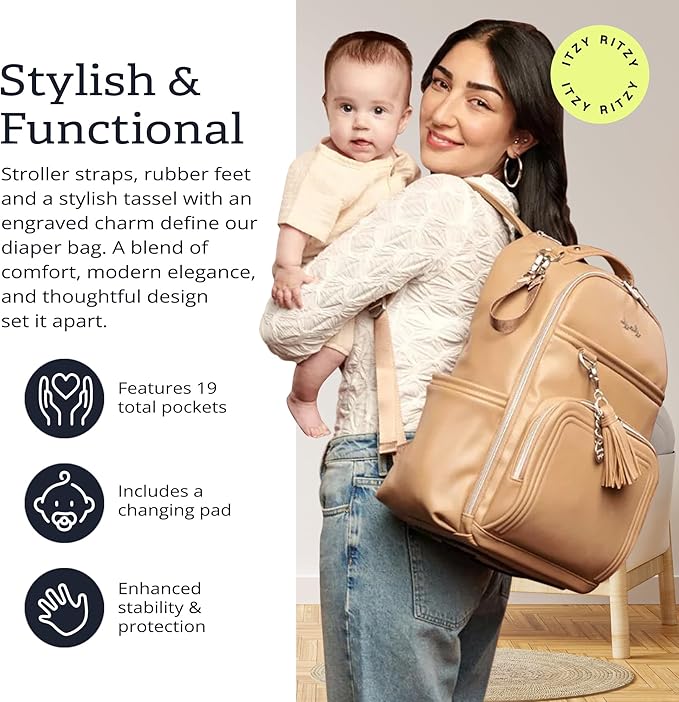 Itzy Ritzy Diaper Bag Backpack – Large Capacity Boss Plus Baby Backpack Diaper Bag Featuring 19 Pockets, Changing Pad, Stroller Clips, and Comfortable Straps (Chai)