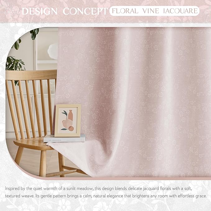 Beauoop Pink Floral Jacquard Blackout Curtains 63 Inches Long 2 Panels for Living Room Bedroom Chenille Flower Room Darkening Thermal Insulated Soundproof Grommet Window Drapes, 52x63 Set of 2