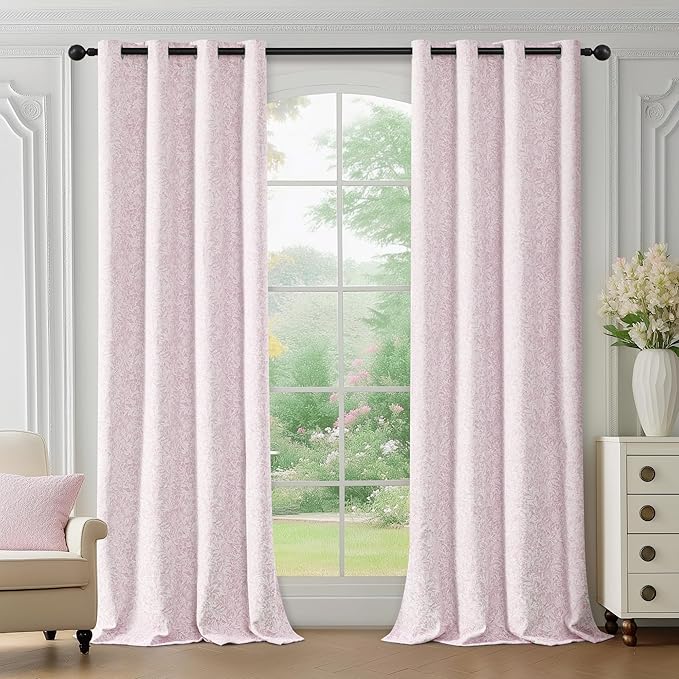 Metro Parlor Pink Floral Blackout Curtains 84 Inches Long for Bedroom, Jacquard Chenille Patterned Vintage Flower Curtains for Living Room Darkening Thermal Insulated Grommet Window Drapes, 2 Panels