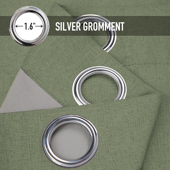 100% Blackout Shield Linen Blackout Curtains for Bedroom, Light Sage Grommet Curtains for Living Room, Thermal Insulated Room Darkening Drapes for Nursery, Boho Home Decor, 50" W x 108" L, 2 Panels