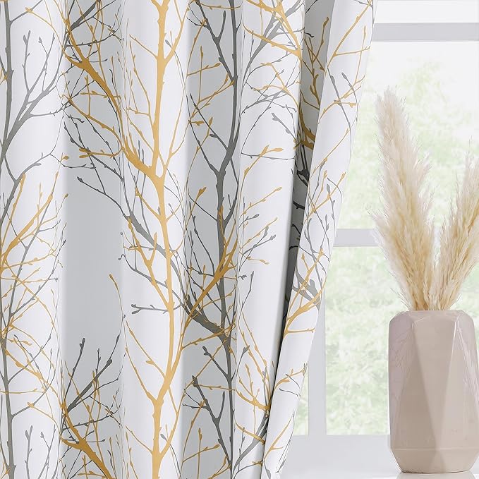 FMFUNCTEX 100% Blackout Curtains Yellow White Tree Liner Curtains for Bedroom, Branch Partterned Curtains 96 inch Length for Living Room, Room Darkening Thermal Insulated Drapes, Grommet Top 2 Panels