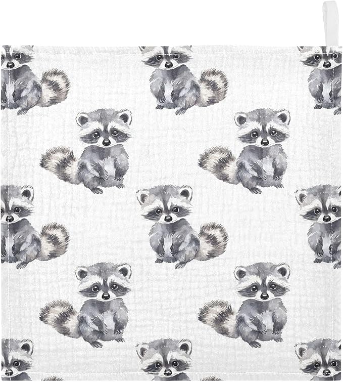 vvfelixl Little Raccoon Baby Burp Cloths Baby Muslin Washcloths for Boys Girls Cotton Babys Face Towel for Newborn Infants Soft and Absorbent 11.8 X 11.8 in, 5 Pack