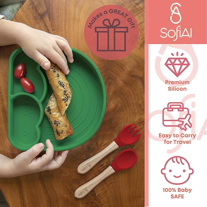 SofiAl All In One Silicone Feeding Set - Safe for 6-12 Months - Non-Toxic Baby Led Weaning Supplies - Toddler Self Feeding Utensils - BPA-Free - Mess Free Essentials