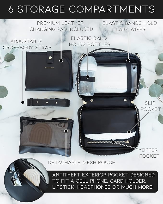 MIA + SOPHIA Crossbody Diaper Bags - Diaper Clutch Includes Leather Portable Changing Pad and Removable Pouch Organizer, Small Diaper Bag Features 6 Compartments - Black