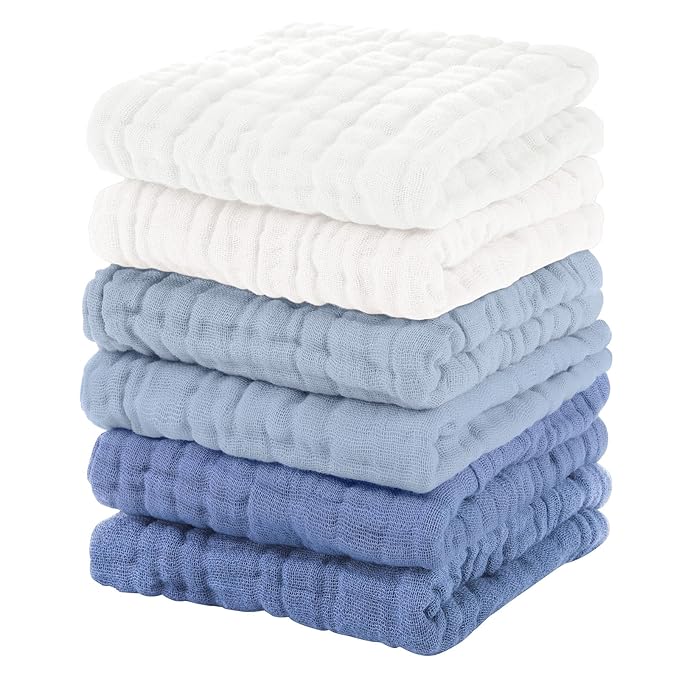 Unnivoll Muslin Baby Washcloths 6 Pack, 100% Cotton Wash Cloths for Babies, Large 12''X12'' Burp Cloths Absorbent and Soft for Newborn Infants Kids Boys Girls - Gradient Blue