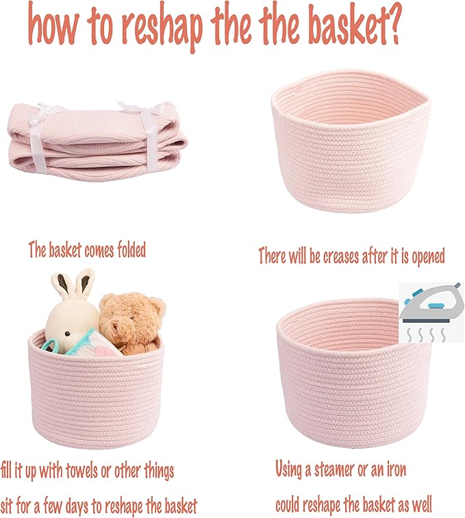Woven Cotton Rope Storage Baskets - 3-Pack Round Bins (10x10x7'') for Shelves, Closets & Bookcases | Durable Rope Organizers for Nursery, Baby, Toys, Easter & More (pink)