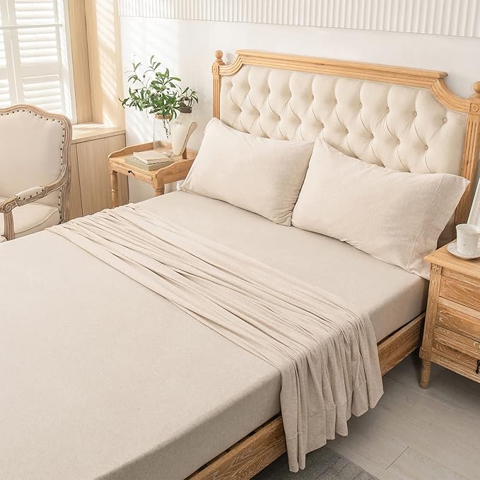 PURE ERA Jersey Knit 4pc Bed Sheet Set 100% T-Shirt Cotton Super Soft Comfy Breathable Fits Mattress Up to 20" Extra Deep Pocket (Heather Beige, Cal King)