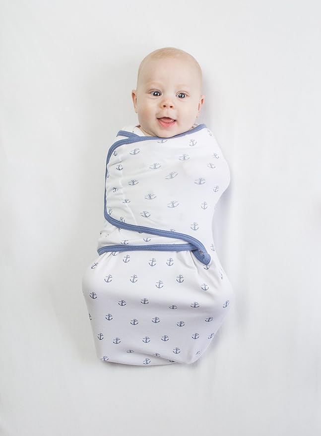 Amazing Baby Swaddle Blanket with Adjustable Wrap, Set of 3, Tiny Anchors, Stripes and Solid, Denim and Gray, Small