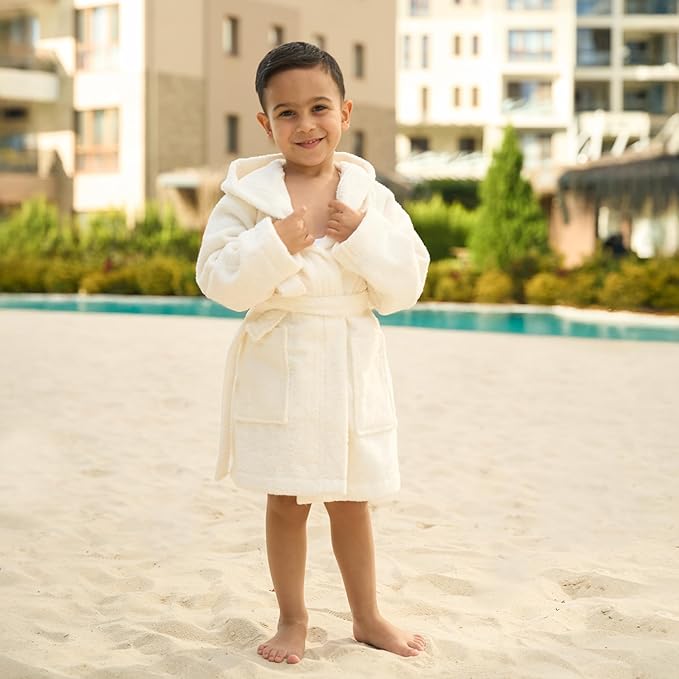 BAGNO MILANO Kids Organic Turkish Cotton Hooded Beach Cover-Up Towel, GOTS Certified, for Boys and Girls (Cream, 13-15 Years)