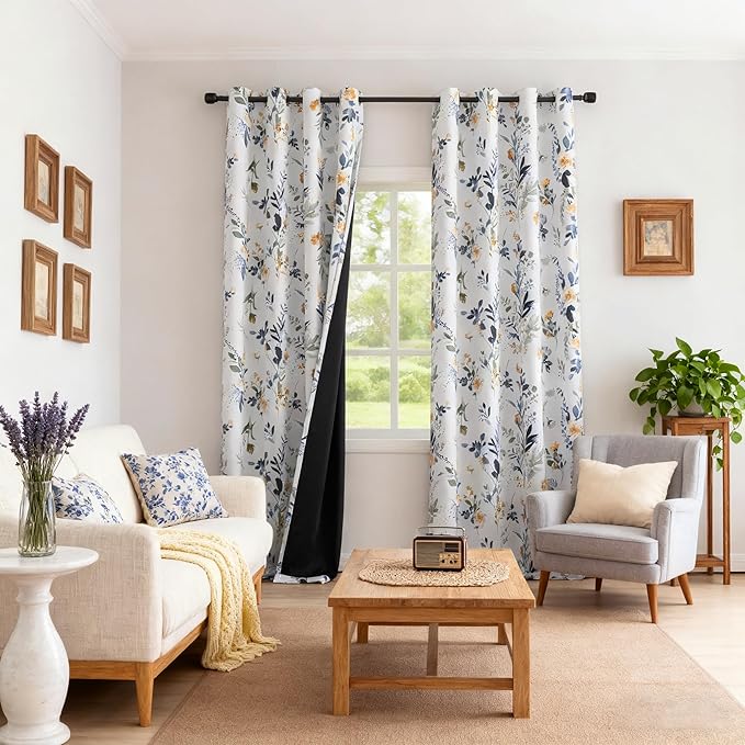 MYSKY HOME 95% Blackout Floral Curtains 84 inch Long 2 Panels for Bedroom Living Room Flower Patterned Room Darkening Thermal Insulated Soundproof Grommet Window Treatments, 52" Wide, Yellow and Blue