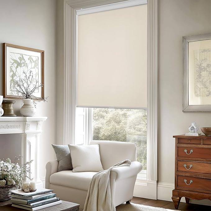ChrisDowa Cordless Free-Stop 100% Blackout Blinds for Windows, Roller Windows Shades with Thermal Insulated, UV Protection Fabric for Living Room, Office and Home. Easy to Install.Beige,27" W X 72" H
