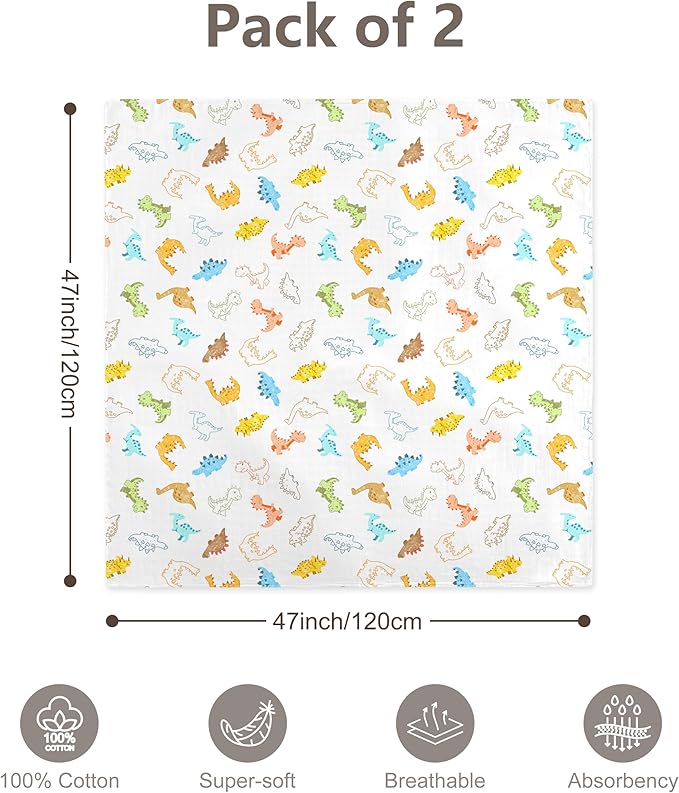 2-Pack 100% Cotton Muslin Swaddle Blankets, Large 47 x 47 Inches — Breathable Soft Receiving Blankets for Newborns, Swaddling Wraps, Baby Essentials, Registry Gift (Elephant & Dino Duo)