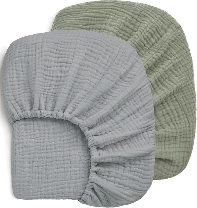 Pro Goleem 2 Pack Muslin Crib Sheets for Boys and Girls, Soft Breathable Neutral Fitted Cotton Baby Bed Sheets Set for Standard Crib Mattress & Toddler Mattress 52"x28", (Grey＆Green)