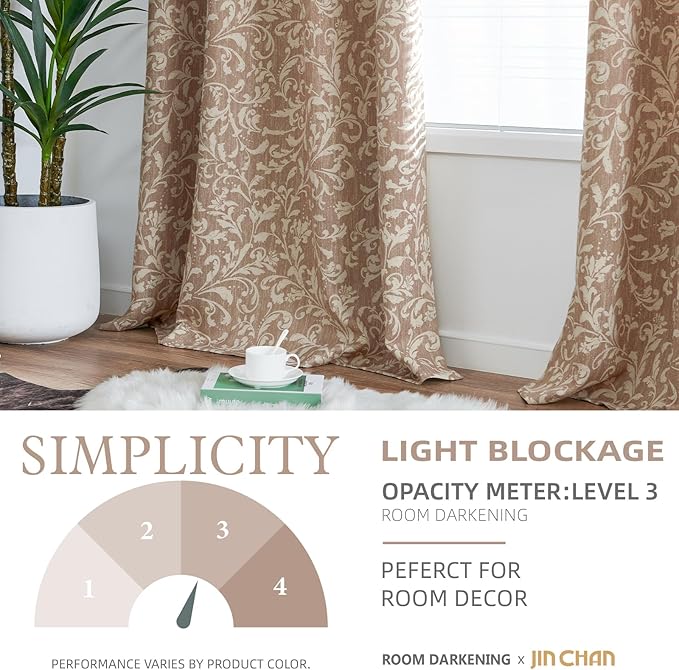 jinchan 80% Blackout Curtains for Living Room, Farmhouse Taupe Drapes with Scroll Floral Patterned for Bedroom, Grommet Top Thermal Insulated Curtains, Vintage Country Drapes 84 inch Length 2 Panels