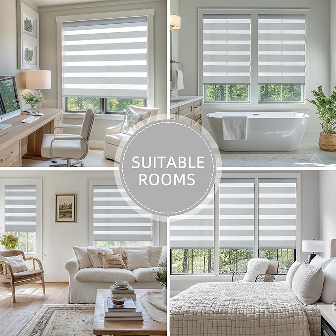 ChrisDowa Cordless Zebra Blinds for Windows, Dual Layer Free-Stop Light Filtering Window Roller Shades, Pull Down Privacy Zebra Shades for Home, Office, Bedroom, Door (69" W x 72" H, Light Grey)